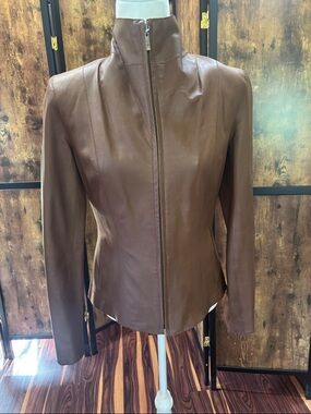 Cole Haan Women's Brown Zip-Front Leather Jacket